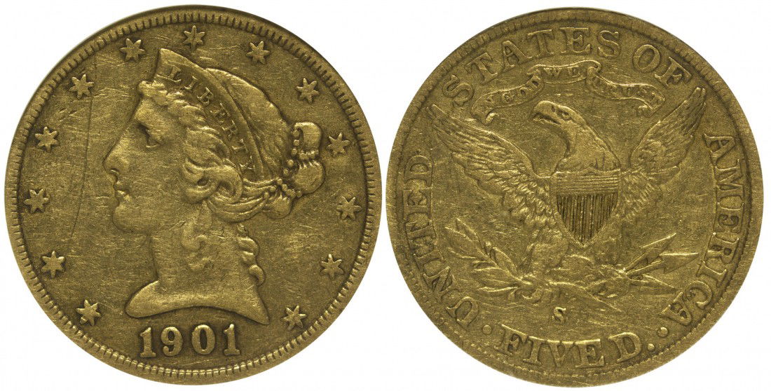 5 Dollar US Mint Gold Coin: CA - San Francisco,1900-1901 - 1901 over a 1900s. PCGS Certified genuine.
