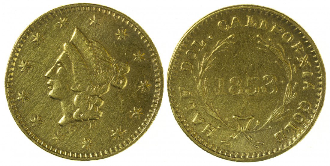 California Fractional Gold BG 409 50C Round Liberty: CA - San Francisco,1853 - Rarity 3