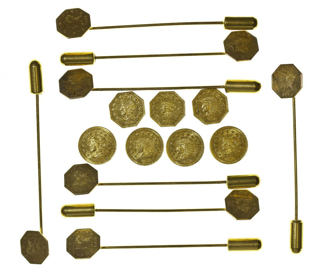 Gold Tokens/Lapel Pins: c1855 - Lot includes 7 California Gold charms with bear reverse and custom case. Three Indian obverse and 4 liberty head obverse. Also included are 8 California liberty head gold charms stick pins. Al