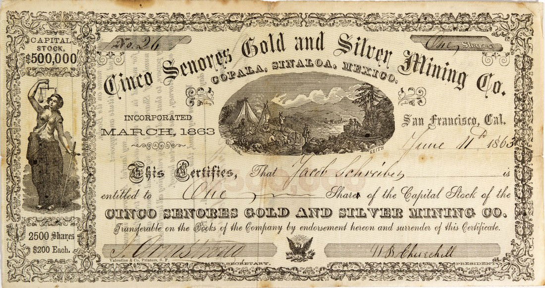 William Keith illustrated stock certificate, 1863: CA - San Francisco,1863 - From the Cinco Senores Gold and Silver Mining Co. Of Copala, Sinaloa, Mexico. The company was incorporated in 1863 in S.F. Issued to Jacob Schreiber for one share (at $200 ea