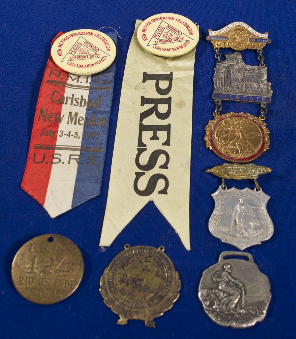 Irrigation Reclamation Pins: NM - 1895, 1900, 1907, 1908 - Lot of 7. 1) &2) 1907 New Mexico irrigation Celebration, Carlsbad. 3) 1895 Irrigation Congress, Albuquerque. 4) 1906 Irrigation Congress, Albuquerque. 5) U.S.R.