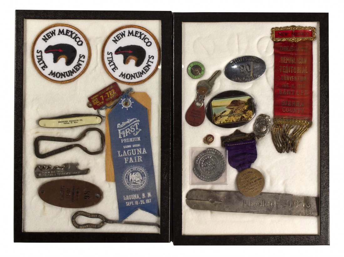 Hard Goods Ephemera: NM - Santa Fe,Sierra County - Lots in 2 black display boxes (8 x 12"). 1) Ribbon from Delegate of Republican Territorial Convention, Santa Fe, 1908; a Fire Dept. And Utility Dept. Badge from Trut