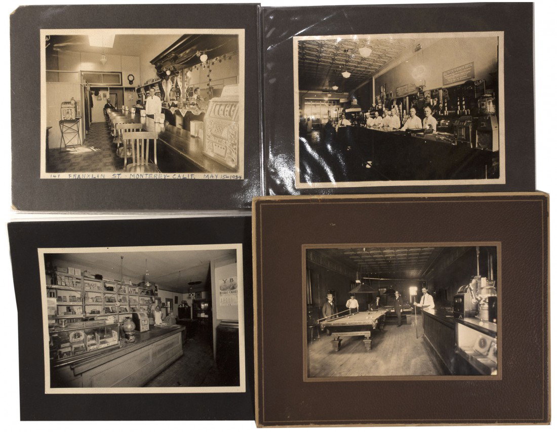 Saloon Interior Photographs: Lot of 4. Great interior shots, one from 141 Franklin St. Monterey, Calif. May 15th, 1934 (written on bottom). This group includes slot machines, operator bells, trade stimulators, cigar bars, vending