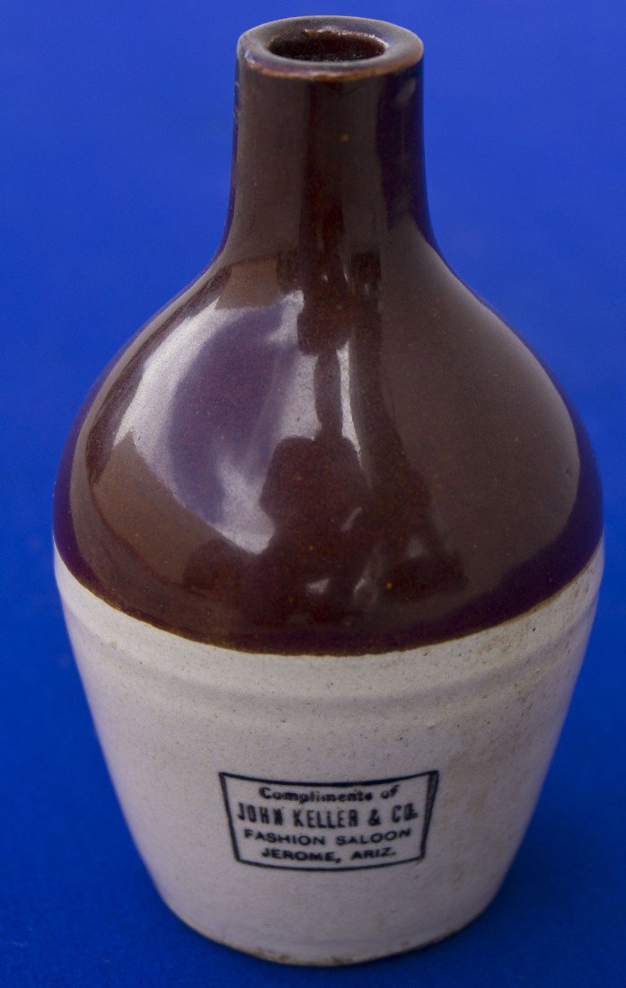 Saloon Jug: AZ - Jerome,Yavapai County - c1900 - "Compliments of John Keller & Co. Fashin Saloon." 2.25" x 5." Little wear, base has some wear. - Vinegar Collection