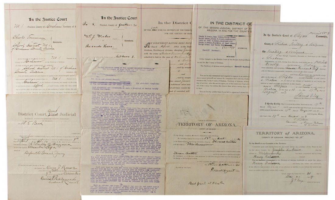 Arizona Arrest Warrants *Territorial* - Graham County,: c1902 This is a lot of 17 arrest and bench warrants issued by various district courts in Graham County, Arizona. A few of these warrants were issued for W.E. Beck, alias â€œCyclone Bill.â€ He i