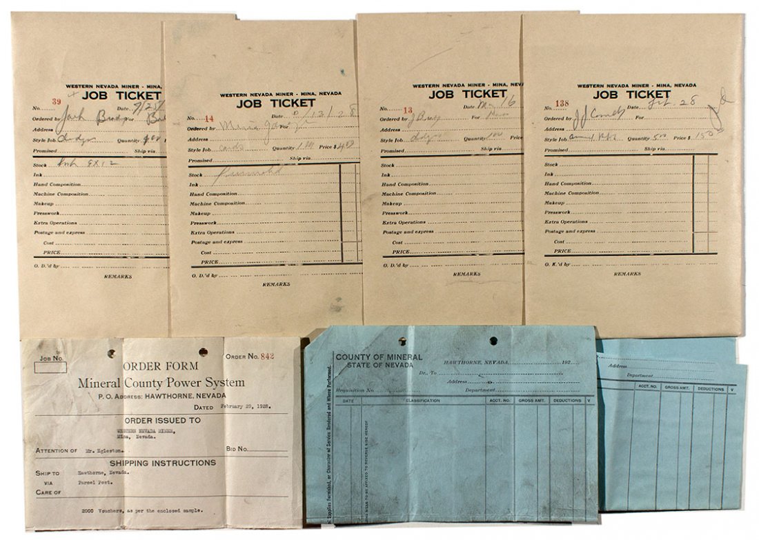 Western Nevada Miner Job Ticket Collection - Mina, NV: c1920 A fantastic collection of early job tickets from the Western Nevada Miner of Mina, NV. This collection includes 91 different job tickets from the 1920s, including the original sketch and proof c