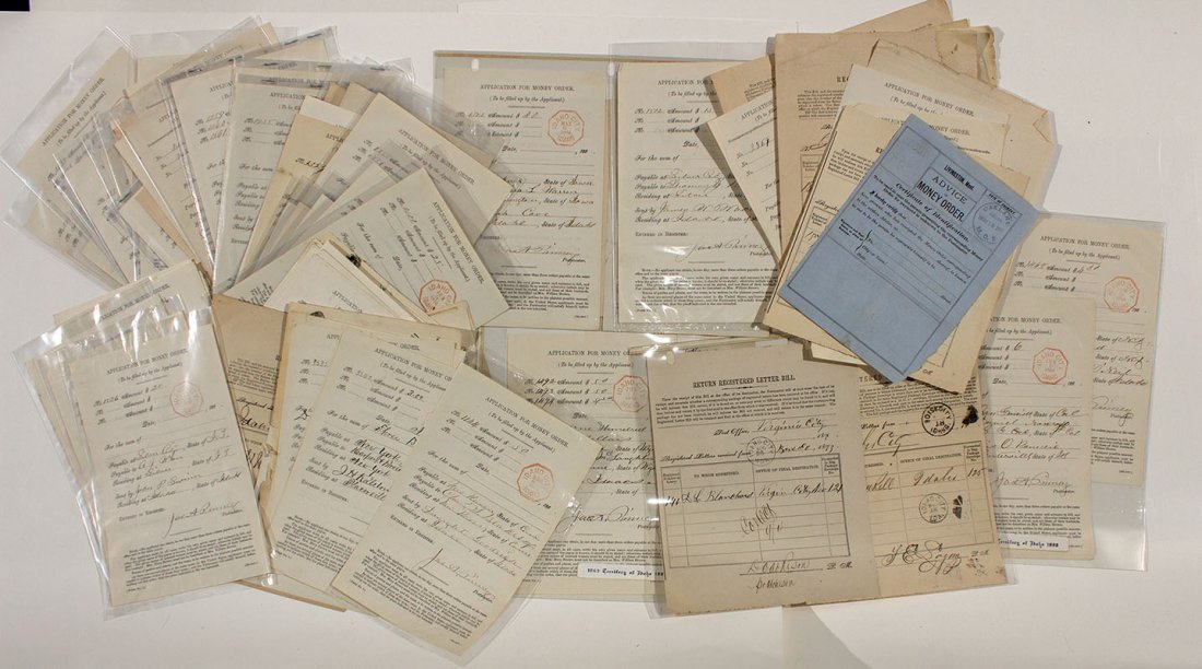 Idaho Territorial City Postmark Collection - ID: c1862 Large group of primarily money order applications, registered letter bills, post office order sheets, and simillar documents that have various Post marks. These are primarily dated between 1869 