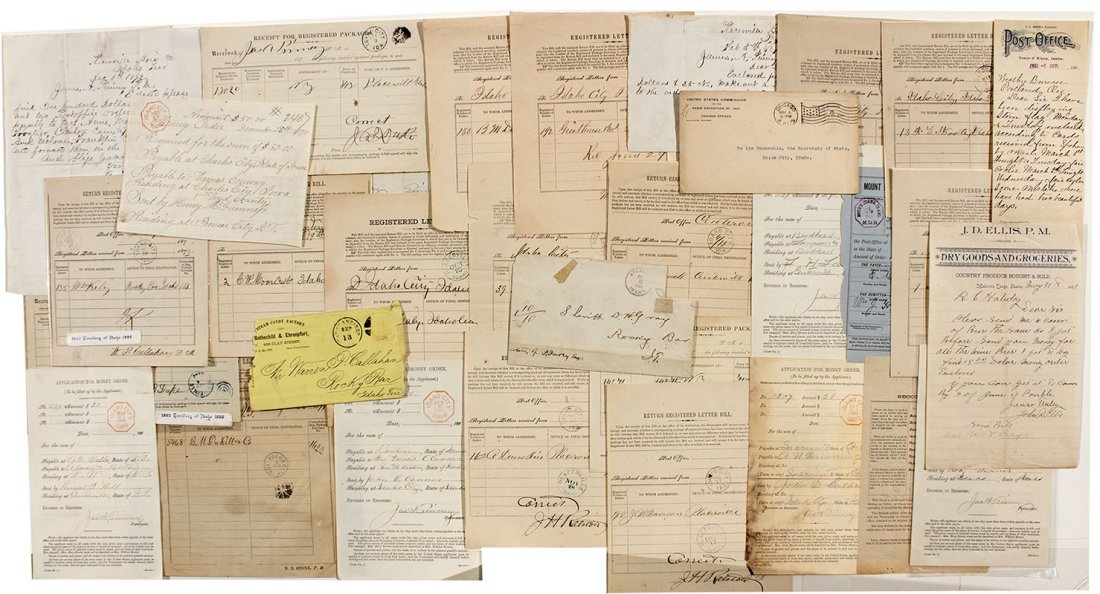 Idaho Territorial Postmark Group - ID: c1860 Large group of letters, covers, registered letter bills, post office order sheets, and simillar documents that have various town Post marks. These are primarily dated between 1869 and 1872, and 