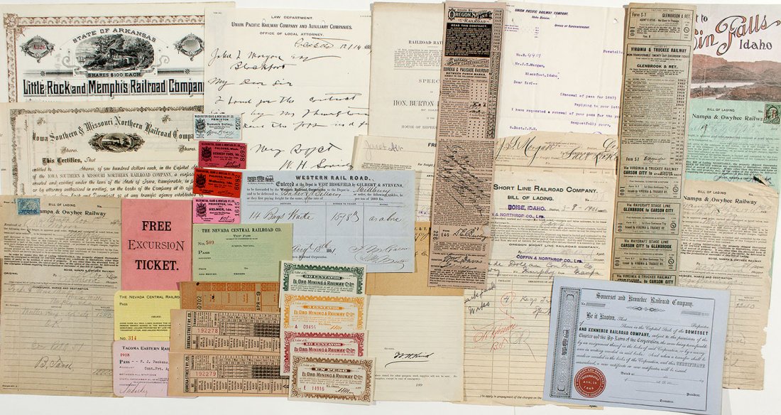 Western Railroad Ephermera Group - Pocatello, ID: c1851 Very eclectic mix of Railroad documents, stock certificates, tickets and various ephemera from around the country, some of it quite rare. Most of these are from Idaho, but there are individual p