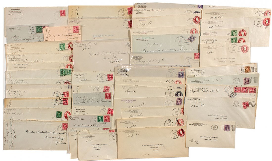 Mound House, Sutro and More Covers - NV: c1919 This lot consists of postal covers from such Nevada towns as Dayton (Est.1862), Sutro (DPO), Mound House (DPO), Silver City (Est. 1861) and Como (DPO).These are from former Nevada State Tresurer