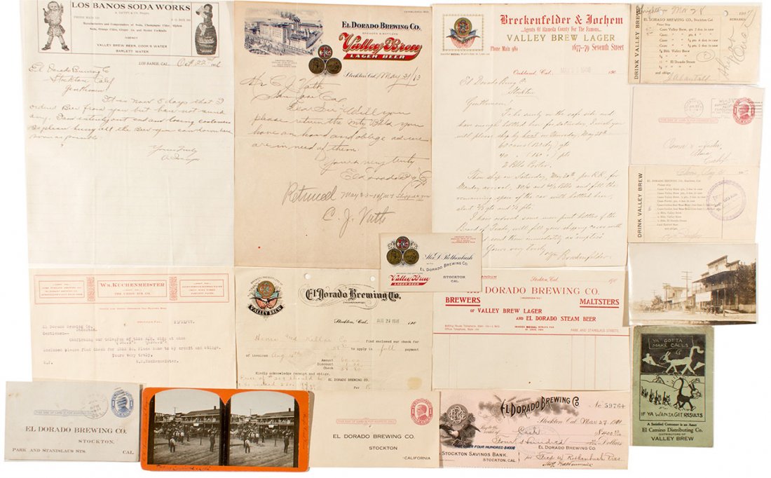 Valley and El Dorado Brewing Collection - Sacramento,: lot of 18 pieces of paper ephemera related to brewing history. It consists of several letter and billheads, post cards, a stereoview and information booklet. This collection is perfect for any Califor