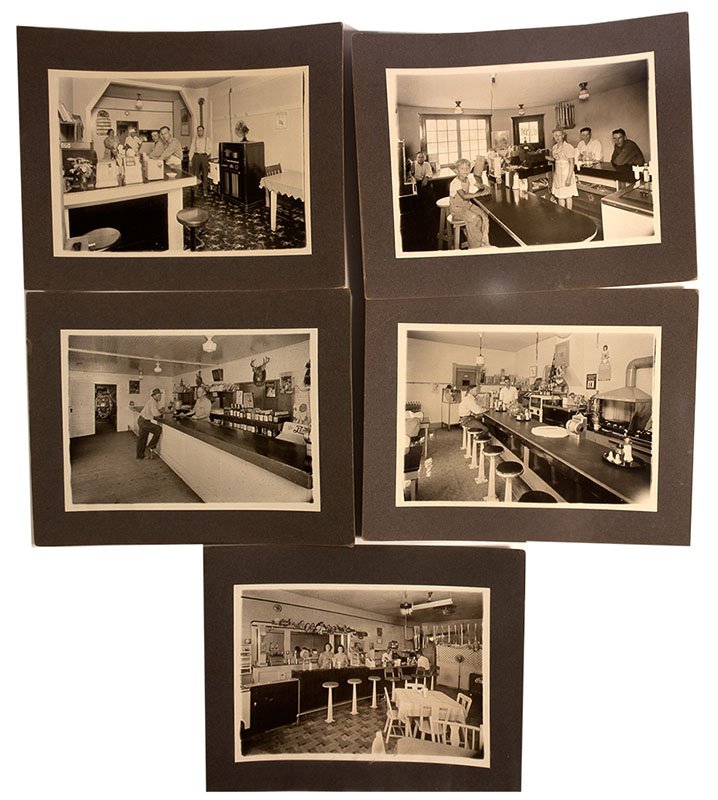 Soda Fountain Photos - Douglas, WY: c1930 Lot of 5 black and white pictures of the CafÃ© and bar in this small town. Scenes are of customers as well as staff. Pieces are mounted on poster board and measure 5"x 7". Photos are sharp and
