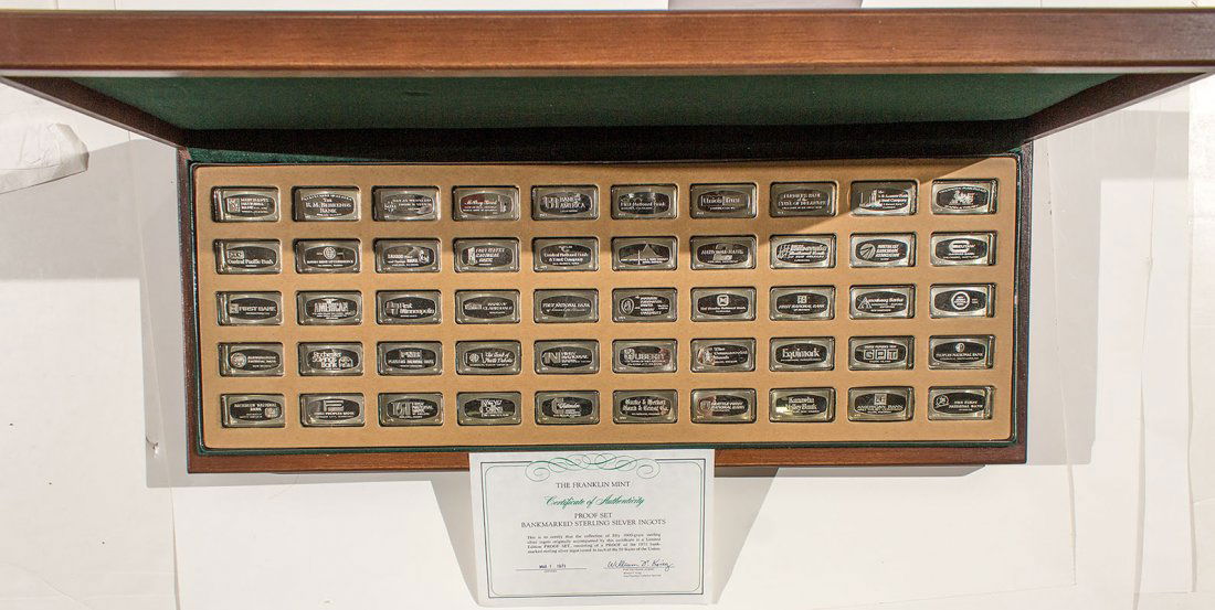 Bank Marked Ingot State Set -: c1971 This is a Franklin Mint Bank Marked Silver Ingot Series in a wood presentation box. This set includes such institutions as B of A from California, American Bank & Trust of Racine WI, The First N