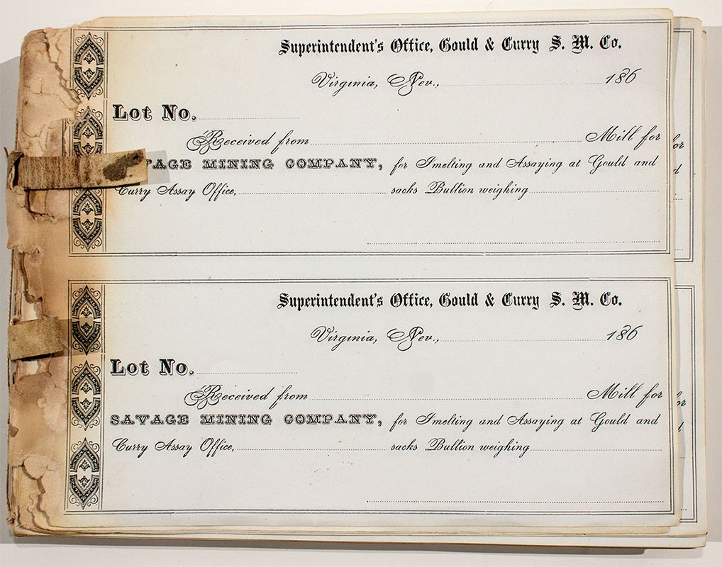 Savage Mining Assay Book - Virginia City, NV: c1860 This is a blank assay book from the superintendentâ€™s office of Gould & Curry S.M. Company for the Savage Mining Company. There are well over 100 of these blank documents in the bound volu