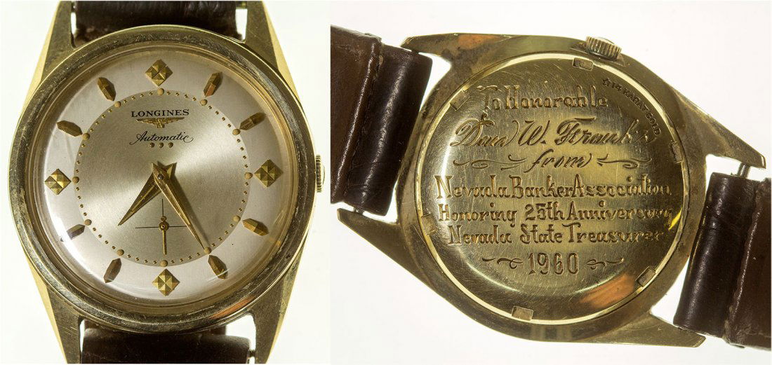 State Treasurer Ceremonial Watch - Reno, NV: 1960 Beautiful Longine's men's wristwatch, presented to State Treasurer Dan W. Franks. Solid yellow 14k gold screw-back case, 33.5mm in dia. This watch is circa 1956, self-winding 20 jewel unadjusted