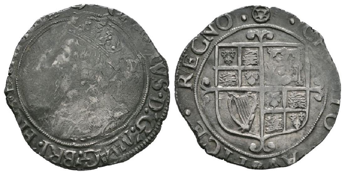 English Stuart Coins - Charles I - Tower - Shilling: 1641-1643 AD. Group F, 6th 'Briot' bust, type 4.4. Obv: profile bust with XII behind and CAROLVS D G MAG BRI FRA ET HIB REX legend and 'triangle-in-circle' mintmark. Rev: cross over arms with CHRISTO