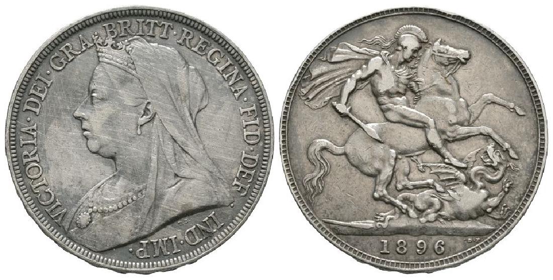 English Milled Coins - Victoria - 1896 LIX - Crown: Dated 1896 AD. Old head. Obv: profile bust with VICTORIA DEI GRA BRITT REGINA FID DEF IND IMP legend. Rev: St George and dragon; date in exergue. Edge: raised DECUS ET TUTAMEN ANNO REGNI LIX inscripti