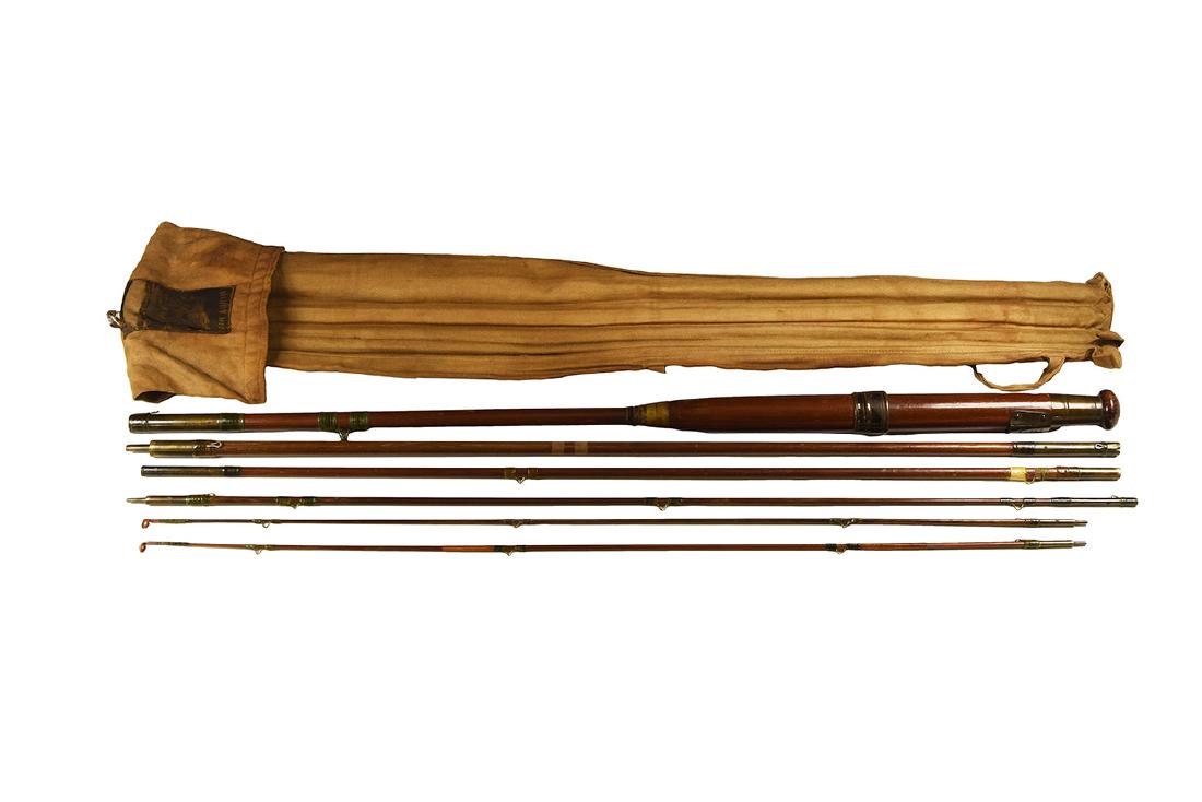 Antique Hardy's Fly Fishing Rod: 19th-20th century AD. A greenheart six-piece fishing rod set by Hardy of Alnwick with two agate-lined tip sections, all fitted with brass joints and snake rings (one missing to lower section) with 'Ha