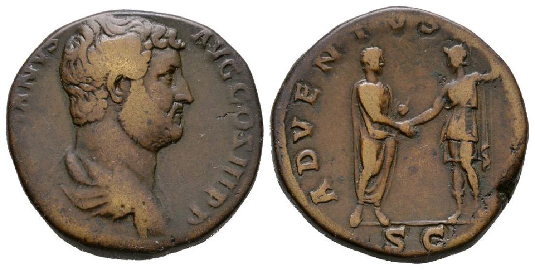 Imperial - Hadrian - Roma and Emperor Sestertius: 134 AD. Rome mint: Obv: HADRIANVS AVG COS III P P legend with laureate and draped bust right. Rev: ADVENTVS AVG legend with Roma standing right resting on spear and clasping right hand with emperor st