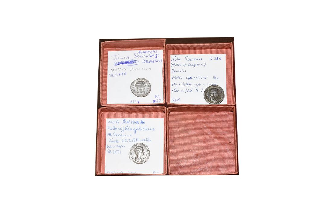 Roman Imperial Coins - Julia Soamias - Denarii [3]: 3rd century AD. Group comprising: reverses of Venus (3; 2 enthroned, 1 standing"). 11 grams total. . With collector envelopes. [3 No Reserve]