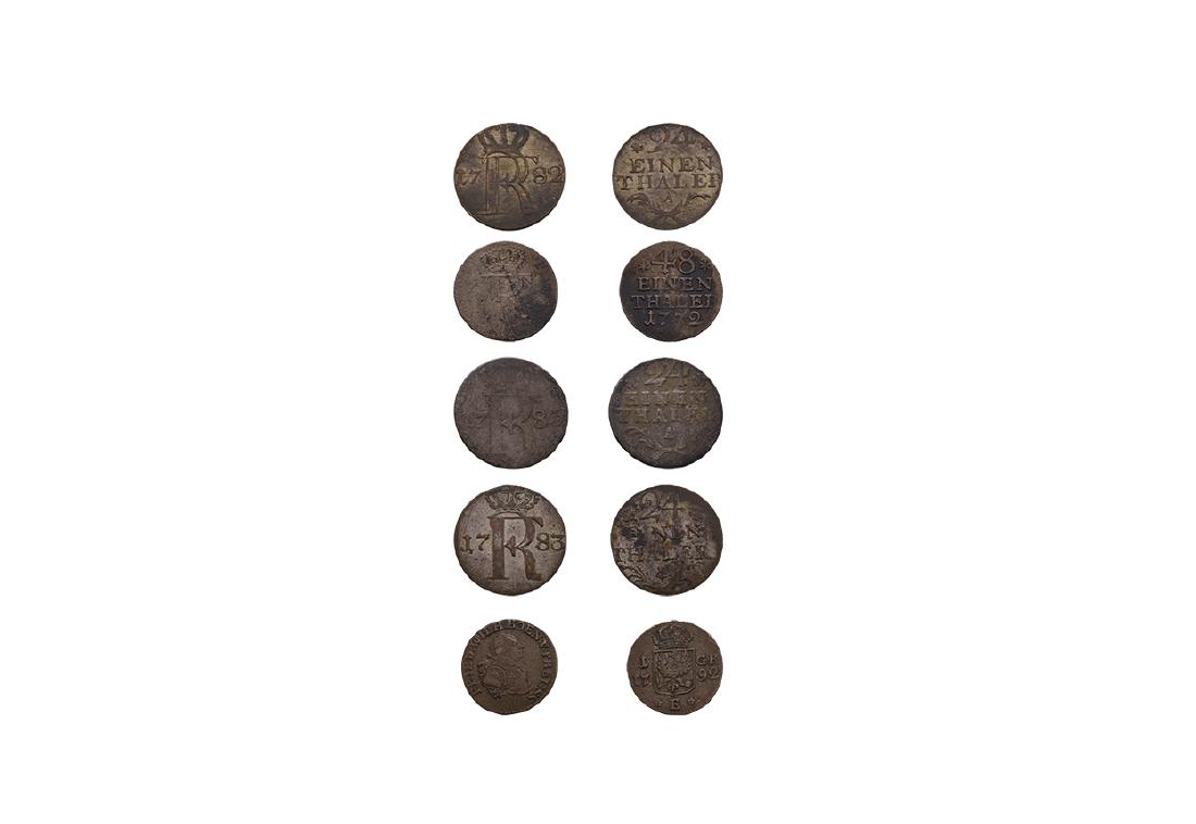 Prussia - 1772-1792 - Groscher, 1/48 Th & 1/24 Th [5]: Dated 1792E, 1772A, 1782A and 1783A(2) AD. Groscher, 1792 Konigsberg mint. Obv: profile bust with FRIED WILH KOEN V PREUSS legend. Rev: crowned arms with 1 left and G right and dividing date with 'E' 