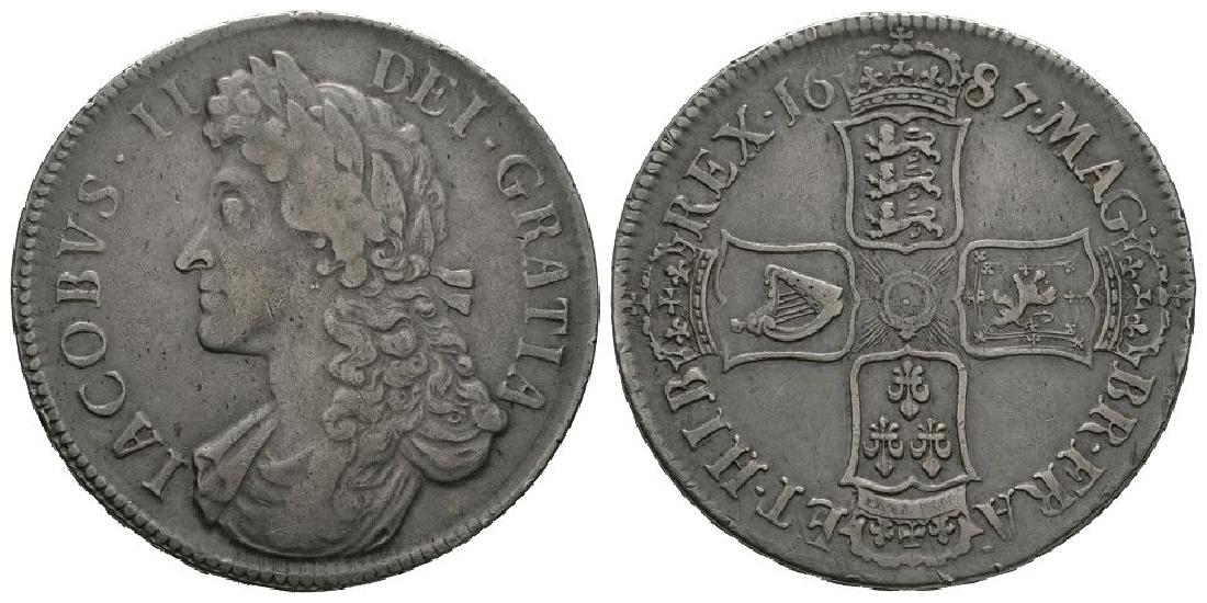 English Milled Coins - James II - 1687 - Crown: Dated 1687 AD. Second bust. Obv: profile bust with IACOBVS II DEI GRATIA legend. Rev: cruciform arms with MAG BR FR ET HIB REX legend and date. Edge: with raised DECVS ET TVTAMEN ANNO REGNI TERTIO ins