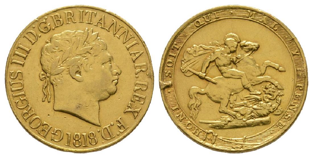 George III - 1818 - Gold Sovereign: Dated 1818 AD. New coinage. Obv: profile bust with date below and GEORGIUS III D G BRITANNIAR REX F D legend. Rev: St George and dragon within garter. S. 3785A; Marsh 2. 7.89 grams. .