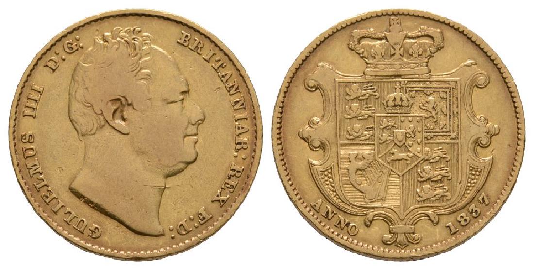 William IV - 1837 - Gold Sovereign: Dated 1837 AD. Obv: profile bust with GULIELMUS IIII D G BRITANNIAR F D legend. Rev: crowned arms with ANNO and date below. S. 3829B; Marsh 21. 7.85 grams. .