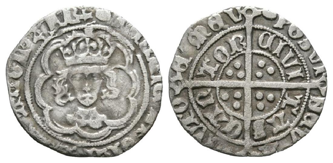 Henry VII - Canterbury - Facing Bust Halfgroat: 1486-1504 AD. Class IIIc. Obv: facing bust within tressure with HENRICVS DI GRA REX ANGL Z FR legend and 'tun' mintmark. Rev: long cross and pellets with POSVI DEV ADIVTORE MEV and CIVITAS CANTOR lege