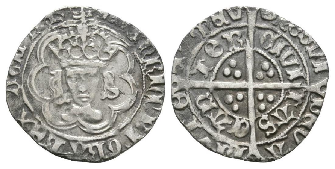 Henry VII - Canterbury - Facing Bust Halfgroat: 1486-1504 AD. Class IIIc. Obv: facing bust within tressure with HENRICVS DI GRA REX ANGL Z FR legend and 'tun' mintmark. Rev: long cross and pellets with POSVI DEV ADIVTORE MEV and CIVITAS CANTOR lege