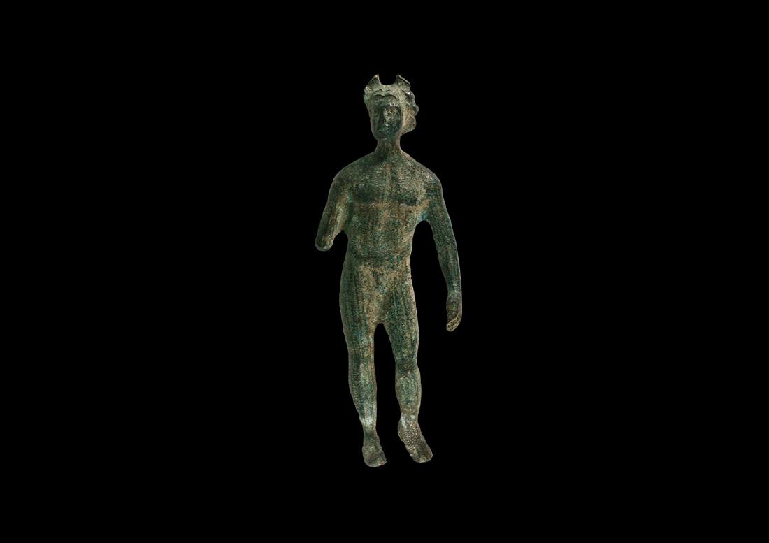 Roman Statuette of Mercury: 1st-2nd century AD. A bronze nude figure of Mercury standing with left arm extended, wreath to the brow with crescent. Cf. Rolland, H. Bronzes Antiques de Haute Provence, Paris, 1965, items 32, 33. 37