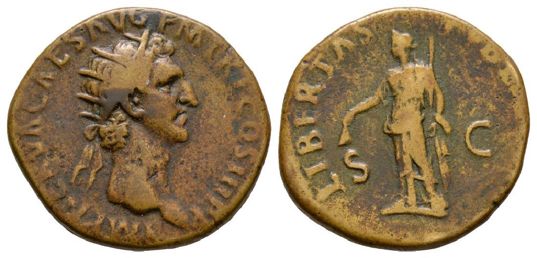 Roman Coins - Nerva - Libertas Dupondius: 97 AD. Rome mint. Obv: IMP NERVA CAES AVG P M TR P COS III P P, laureate head right. Rev: LIBERTAS PVBLICA S-C, Libertas standing left, holding pileus and sceptre. RIC 86; Cohen 115. 11.26 grams ("). 