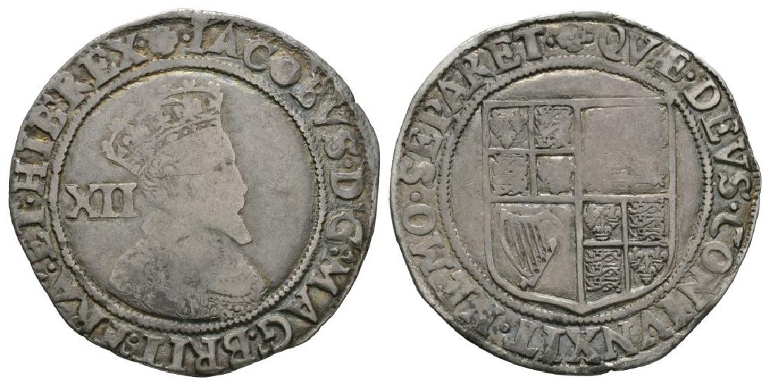 English Stuart Coins - James I - Shilling: 1605-1606 AD. Second coinage, third bust. Obv: profile bust with single arched crown and XII behind and IACOBVS D G MAG BRIT FRA ET HI REX legend with 'rose' mintmark. Rev: arms with QÃ† DEVS CONIV
