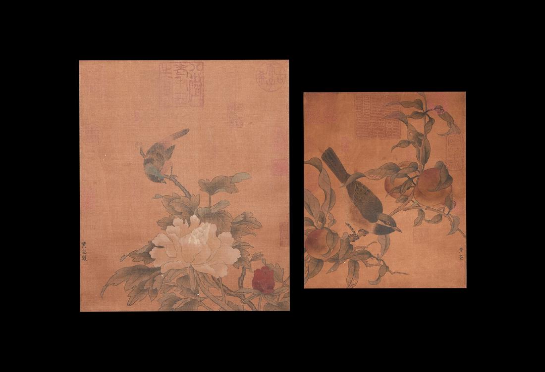Chinese 'Quan Huang' Scroll Painting with Birds: 20th century AD. A fabric scroll with two applied paper panels, scenes of birds with fruit and flowers; calligraphic text and red chop seals; attributed to Quan Huang. 518 grams, 194 x 50cm (76 1/2 x