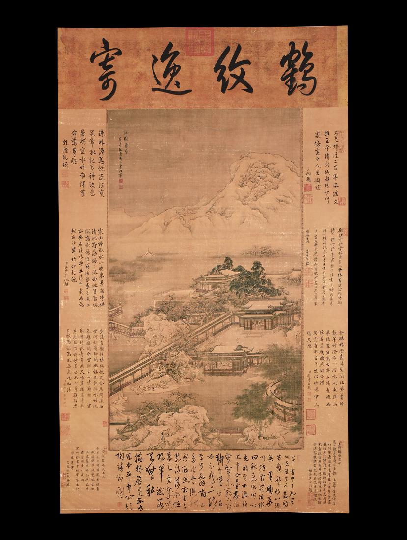 Chinese Scroll Painting with Landscape: 20th century AD. A rectangular paper panel on a fabric backing, landscape with mountain and palace, panels of calligraphic text and red chop seals. 530 grams, 175 x 65cm (69 x 26"). Acquired on the Lo