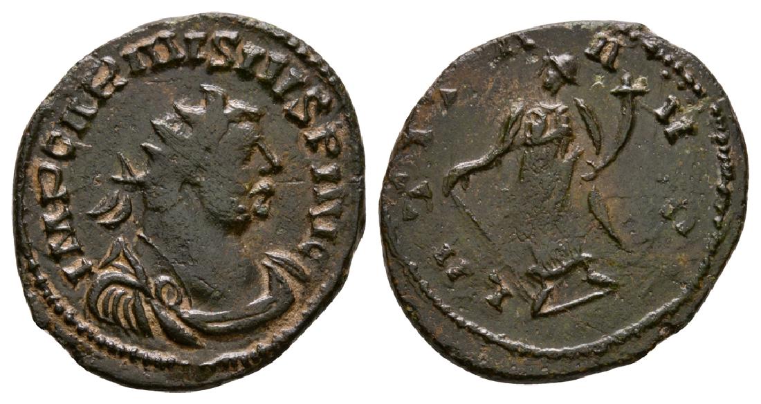 Carausius - Laetitia Antoninianus: 287-293 AD. Uncertain British mint. Obv: IMP CARAVSIVS P AVG legend with radiate and draped bust right. Rev: LAETITIA AVG legend with Laetitia standing left, holding baton and cornucopia. RIC V-2, 821