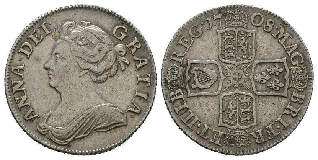 Anne - 1708 - Shilling: Dated 1708 AD. After Union, second bust. Obv: profile bust with ANNA DEI GRATIA legend. Rev: cruciform arms with MAG BRII FR ET HIB REG legend and date. S. 3610; ESC 6th 1397 (old 1146A).5.99 grams.