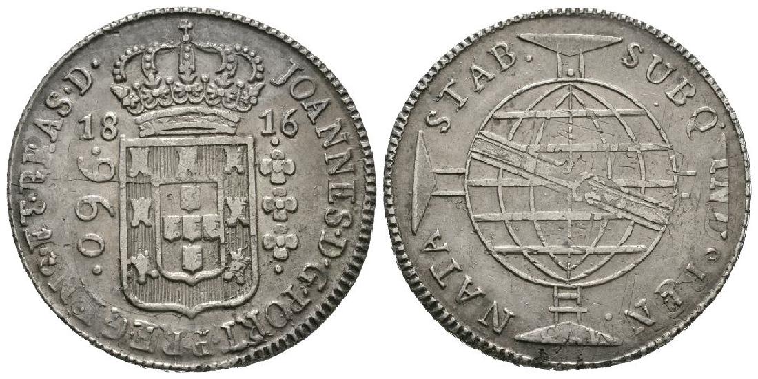 Brazil/Portugal - 1816B - 960 Reis O/S Mexico 8R: Dated 1816 AD. Bahia mint. Obv: crowned arms dividing date with mark of value to left and JOHANNES D G PORT P REGENS ET BRAS D legend with traces of original coin showing. Rev: globe over cross with S