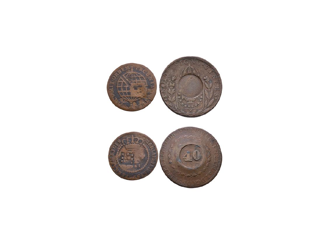 Brazil - Countermarked Issues [2]: 1809 on 1781 and 1835 on 1829 AD. Authorised 18 April 1809, 20 reis on 10. Obv: crown over X with date below WITH MARIA ET PETRUS II D G PE BRASIL REGES legend; shield countermark. Rev: globe with CIR