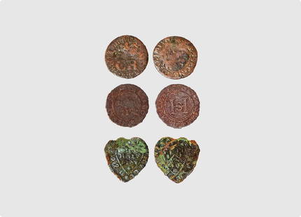 17th Century - Heart-Shaped & Other Tokens [3]: 17th century AD. Group comprising halfpennies: Suffolk, Woodbridge, Henry Stebbing, Grocer, dated 1667; Yorkshire, Hull, Richard Barnes, grocer, dated 1669, heart-shaped; with a Scotland, Charles I,