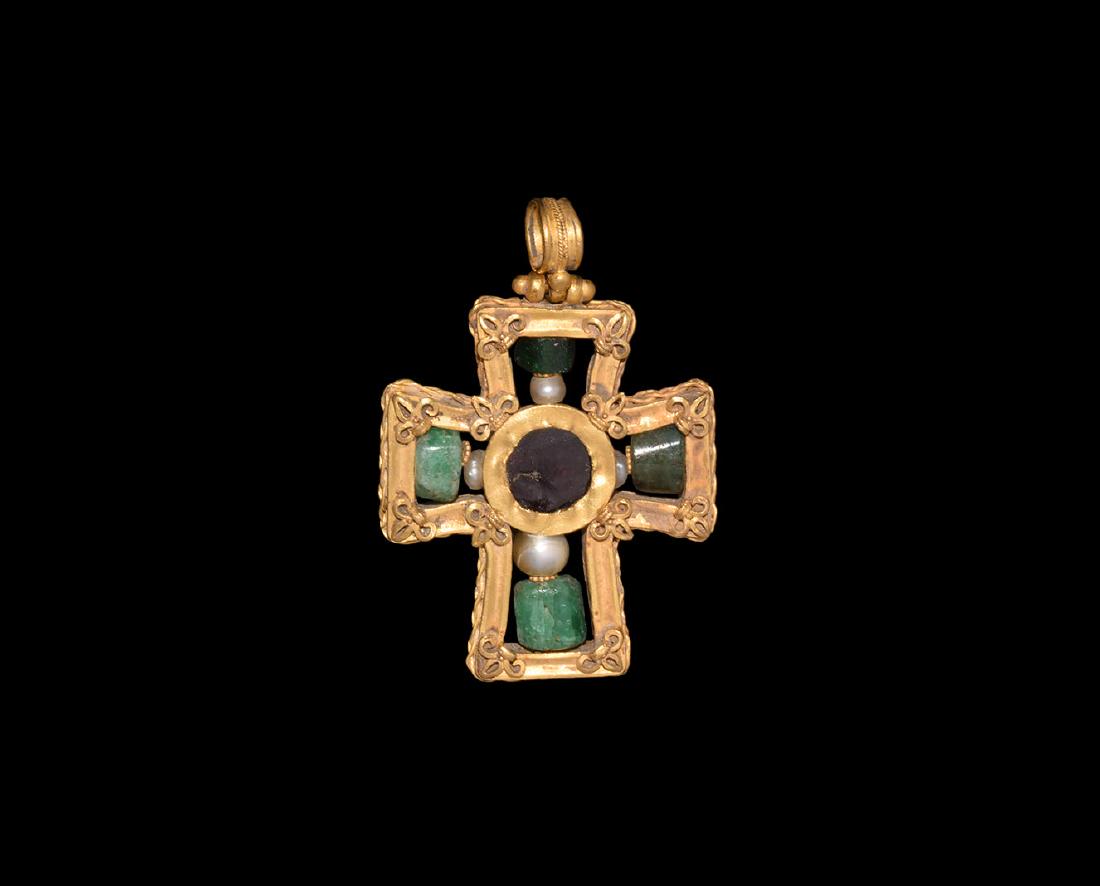 Gold Cross Pendant with Emeralds and Pearls (1 of 1)