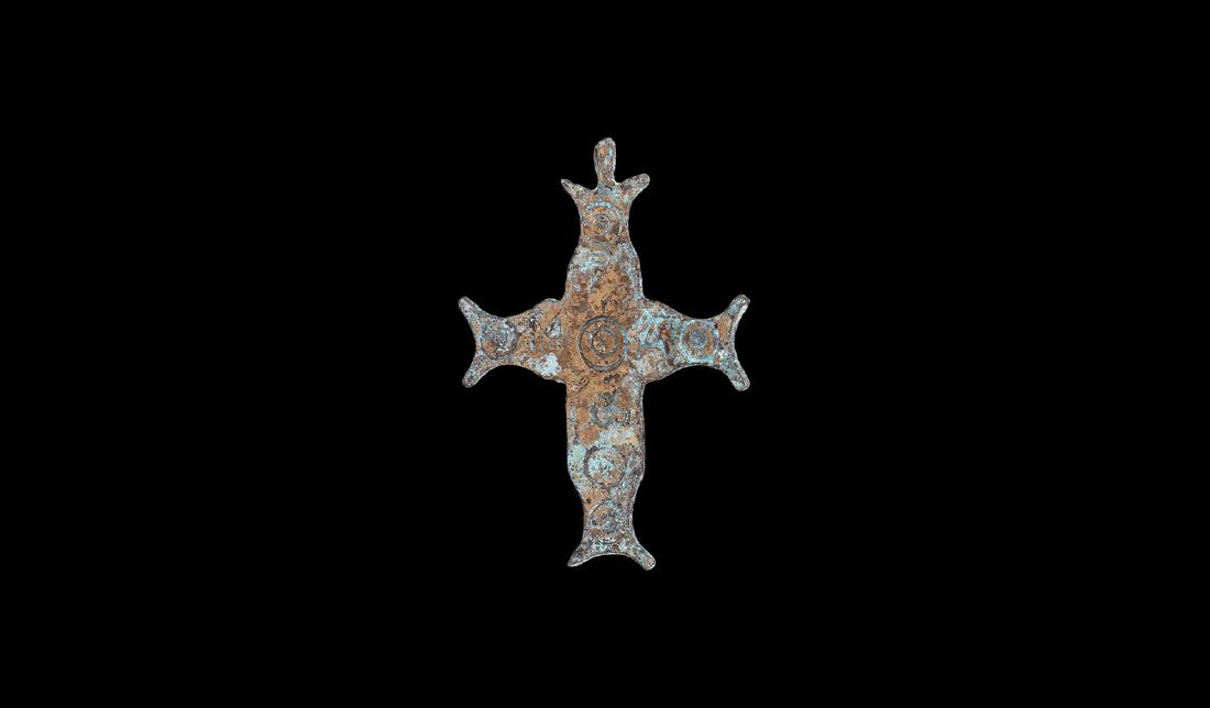 Byzantine Cross Pendant: 12th-14th century AD. A bronze cross moline pendant with integral suspension lug, ring-and-dot motifs to the obverse. 38 grams, 10cm (4"). Property of a British gentleman; formerly in the private coll