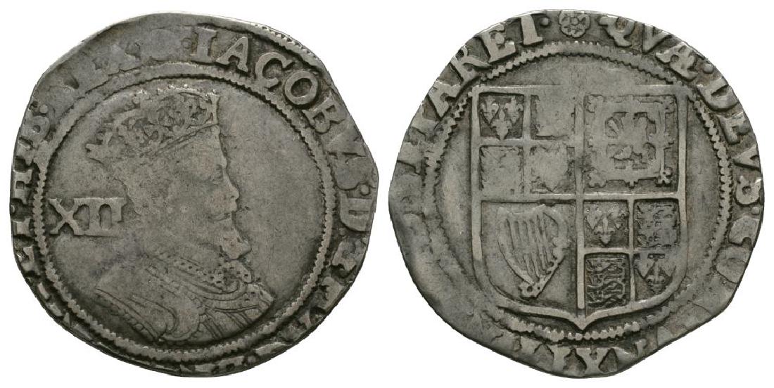 James I - Shilling: 1620-1621 AD. Second coinage, fourth bust. Obv: profile bust with XII behind and IACOBVS D G MAG BRI FRA ET HIB REX legend and 'rose' mintmark. Rev: arms with QVÆ DEVS CONIVNXIT NEMO SEPARET legend.