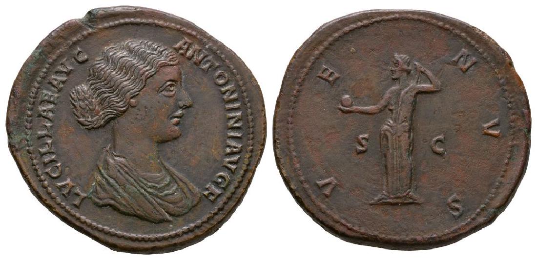 Lucilla - Venus Sestertius: 164-166 AD. Wife of Lucius Verus, Rome mint. Obv: LVCILLAE AVG ANTONINI AVG F legend with draped bust right. Rev: VENVS legend with Venus standing left holding apple and raising drapery from left shou