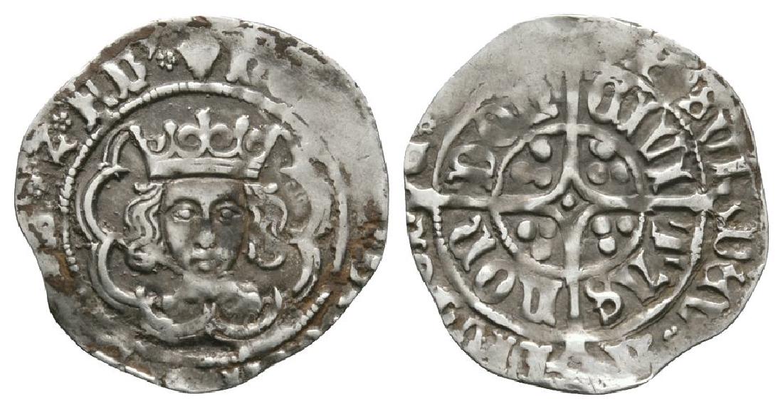 Henry VII - London - Facing Bust Halfgroat: 1485-1490 AD. Class IIIc. Obv: facing bust with broken tressure with HENRIC DI GRA REX ANGL Z FR legend with rosette stops and 'lis' mintmark. Rev: long cross with pellet-in-lozenge centre and pellets