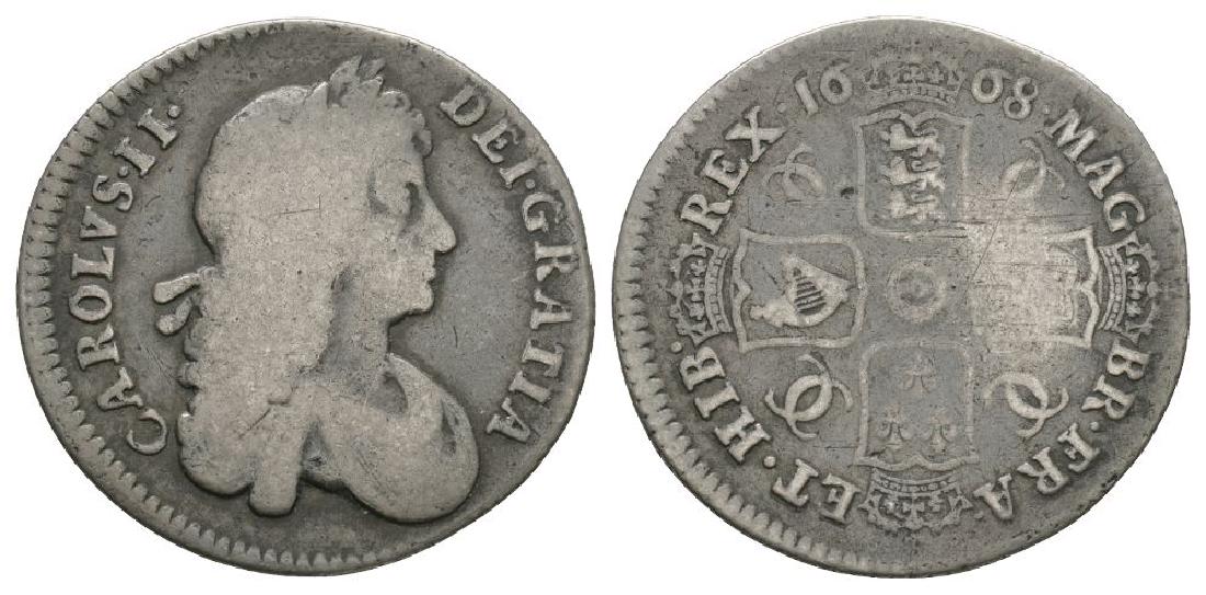Charles II - 1668 - Shilling: Dated 1668 AD. Second bust. Obv: profile bust with CAROLVS II DEI GRATIA legend. Rev: cruciform arms with cc monogram to angles and MAG BR FRA ET HIB REX legend and date. S. 3375; ESC 511. 5.73 grams.
