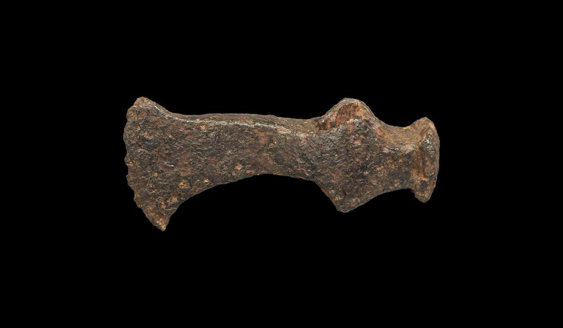 Splayed Axe-Hammer: 9th-11th century AD. An iron axehead with flared blade and curved edge, wings to the socket, domed hammer-face with splayed edge to the rear. 598 grams, 15.2cm (6"). Property of a London, UK collector