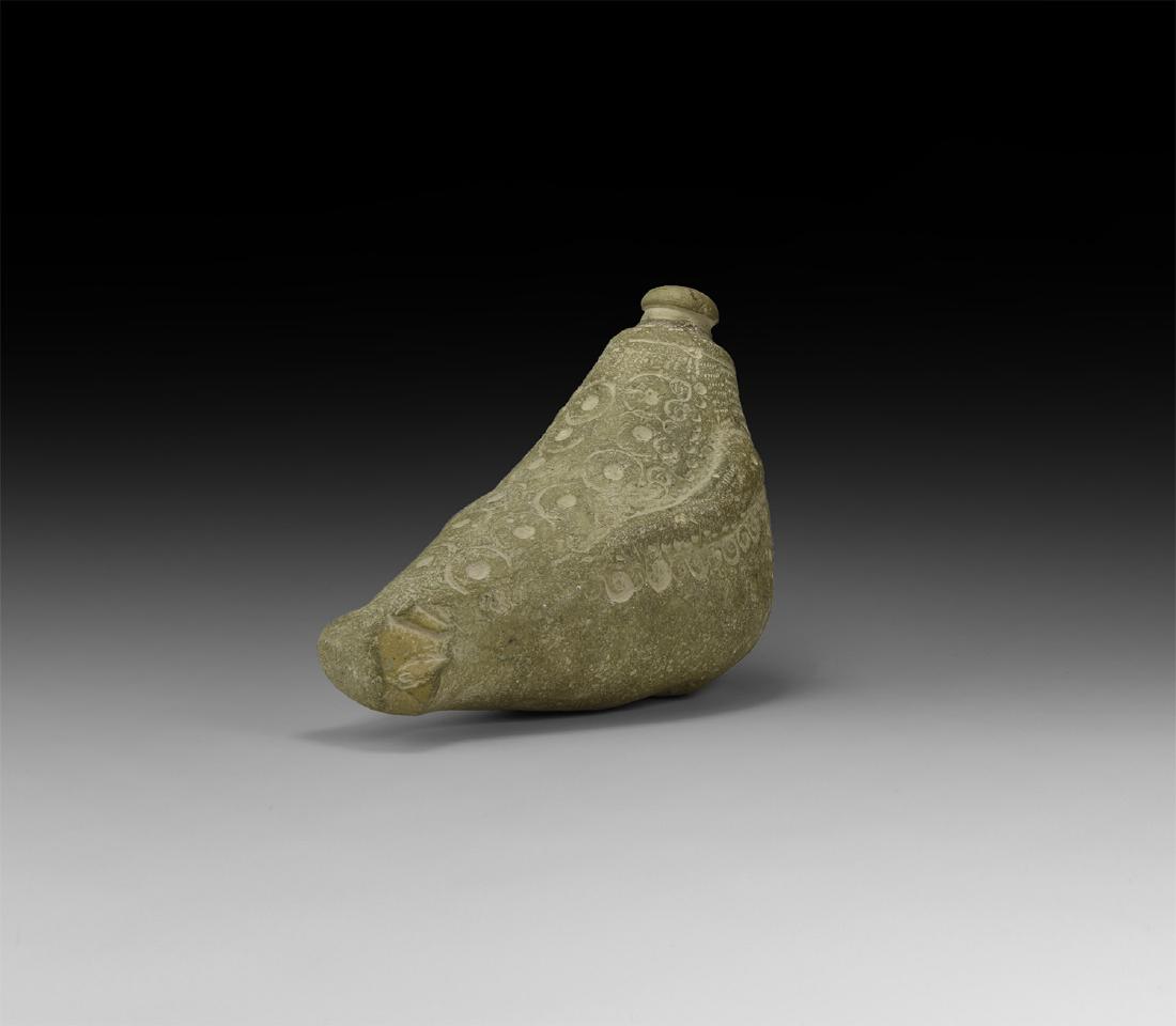 Bird-Shaped 'Greek Fire' Hand Grenade: 10th-12th century AD. An elaborate hollow-formed bird-shaped ceramic vessel with bands of roundels to the body and raised wings, flat underside and domed neck. See Arendt W. Irene Granaten des 13-14. 
