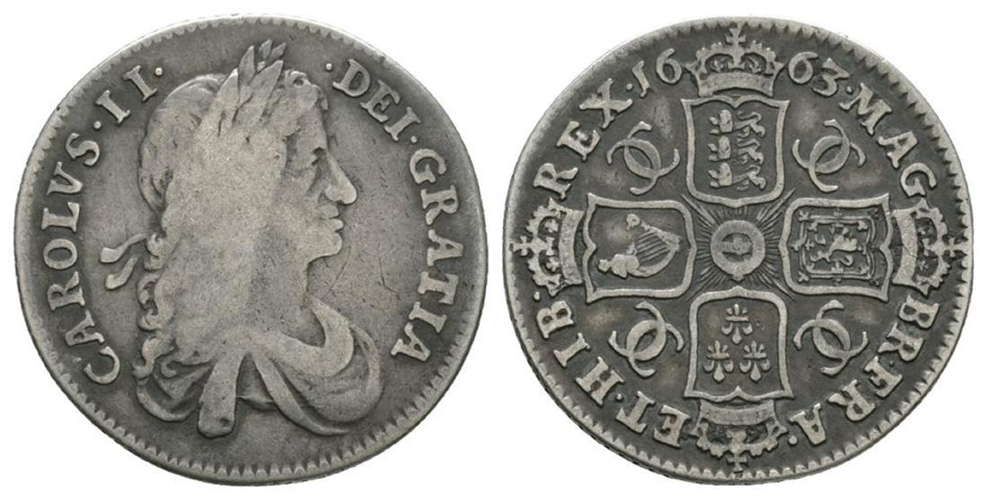 Charles II - 1663 - Shilling: Dated 1663 AD. First bust. Obv: profile bust with CAROLVS II DEI GRATIA legend. Rev: cruciform arms with CC monogram in angles and MAG BR FRA ET HIB REX legend and date. S. 3371; ESC 6th 500. 5.77 gra