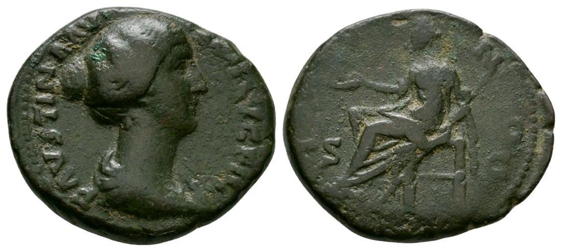 Faustina I - Juno As: 154-156 AD. Rome mint. Obv: FAVSTINA AVG ANTONINI AVG P P legend with draped bust right. Rev: IVNO legend with Juno seated left holding patera and sceptre; S C in lower fields. RIC 1398; BMC 2188; Sea